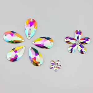 2D Flat, All sizes AB Water Drop Flat buckle hand stitched drill boutique glass Bling Rhinestone Glitter Rhinestones DIY clothing accessories