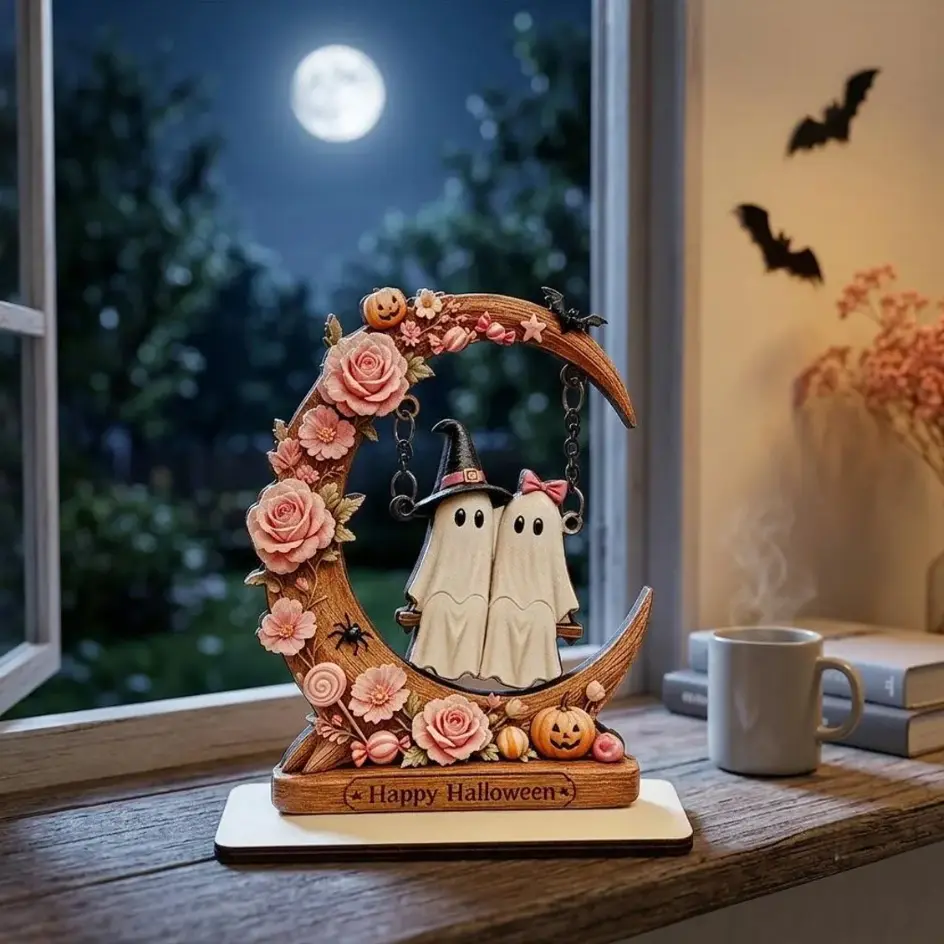 Halloween Cute Ghost Couple on Moon Swing Resin Figurine, Romantic Spooky Desktop Decoration with Pink Roses and Pumpkins, Festive Tabletop Ornament for Home Party Decor Swinging Ghost Moon Decor: Wood Halloween Table Accent