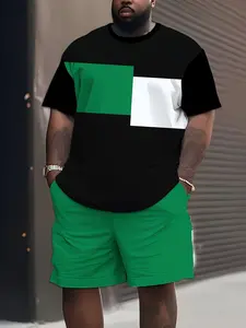 Men's Casual Fashion Matching Set Includes Short Sleeve & Shorts, Bottom Block Pattern, Fitted Design for Travel