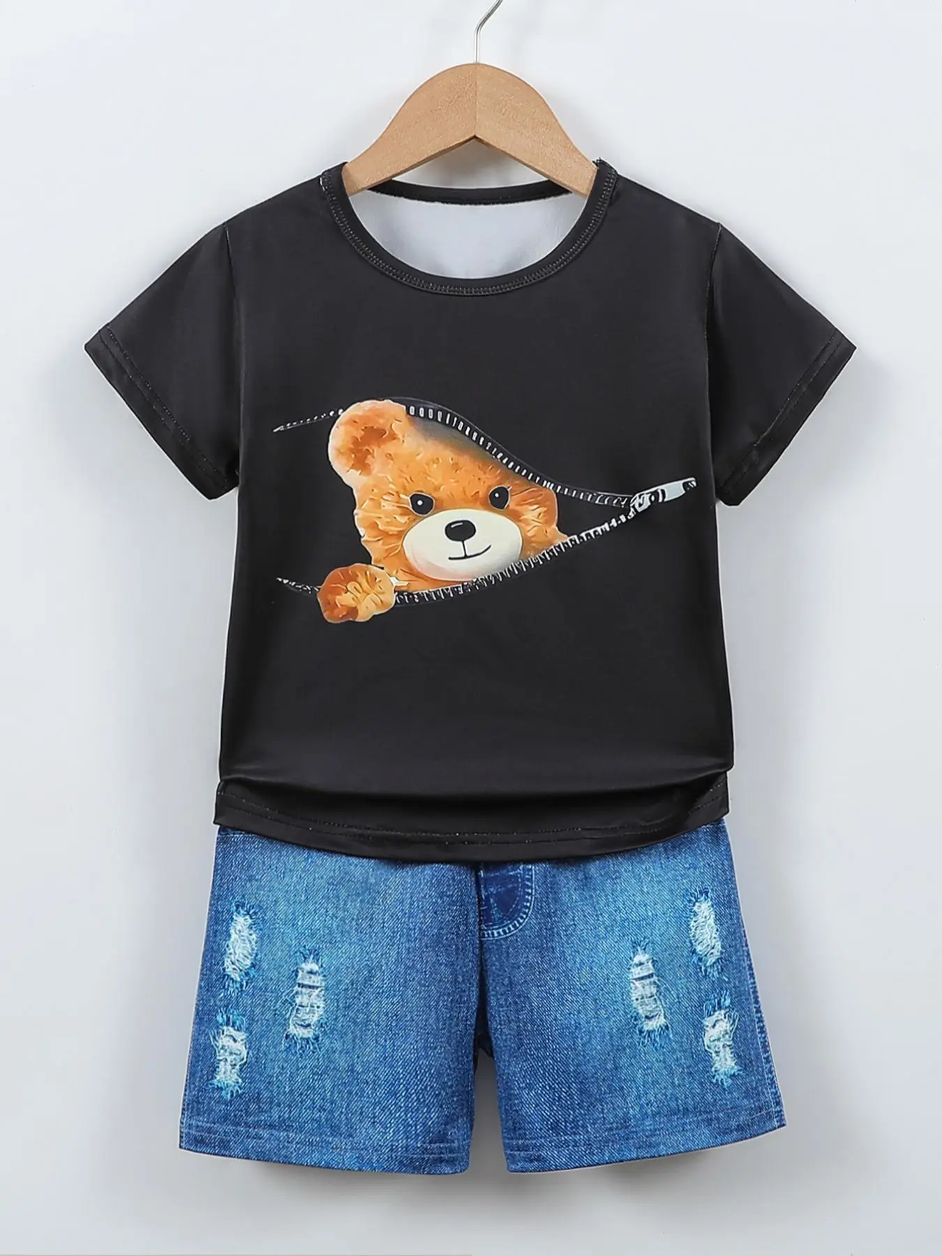 Two-piece Set Boy's Bear Print Short Sleeve Tee & Denim-effect Print Shorts, Casual Round Neck T-shirt & Shorts, Summer Outfits Clothes for Kids