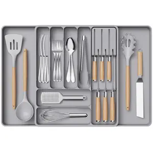 Lifewit Silverware Organizer for Kitchen Drawers, Expandable Utensil Tray with Removable Knife Block, Adjustable Cutlery and Flatware Holder, Plastic Spoon Forks Holder Storage Divider, Large