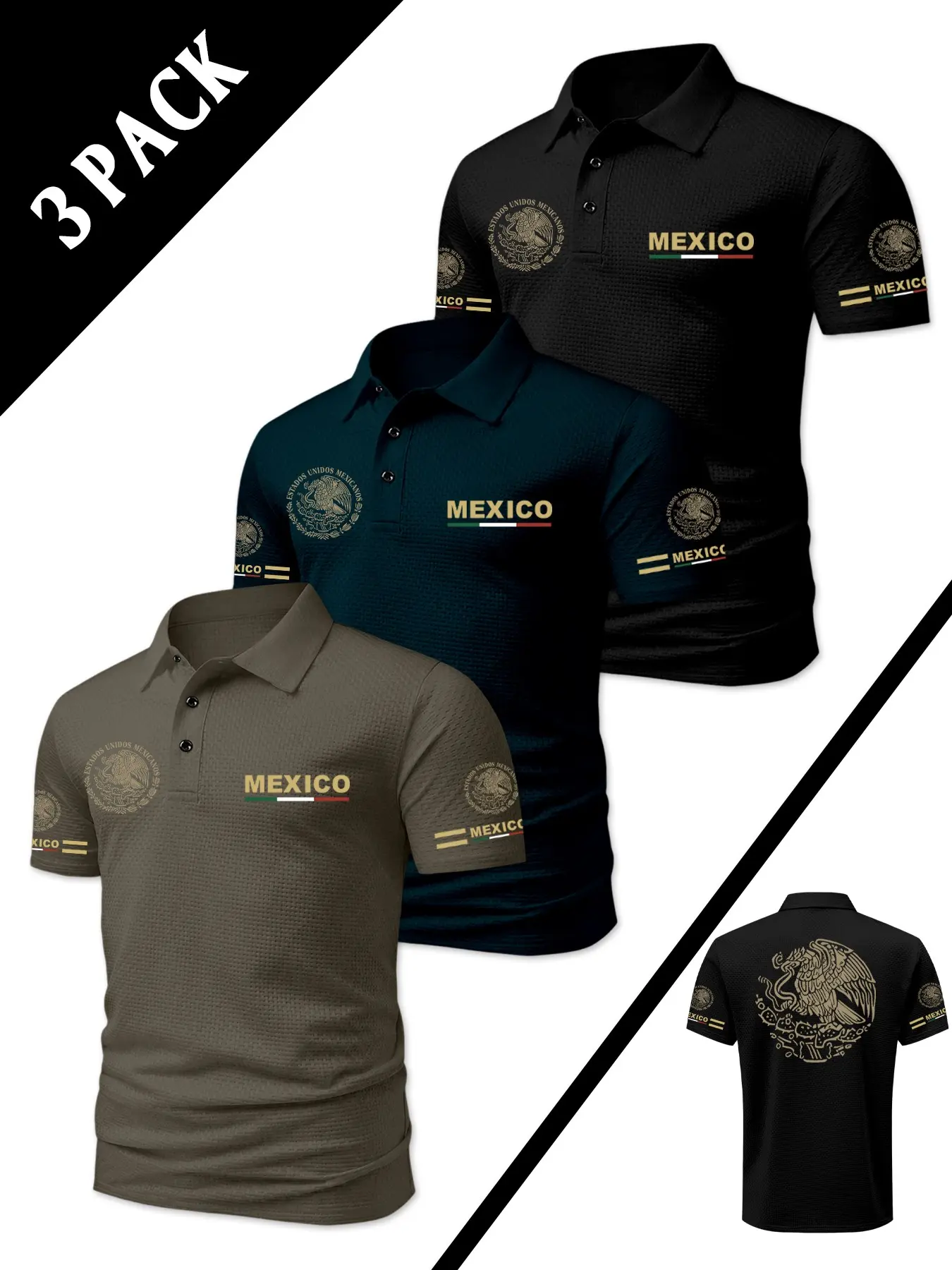 Men's Mexico Emblem Collared Polo Shirts, Eagle Totem Print Collared Short Sleeve T-Shirt, 3-Pack Textured, Casual Fitted Long Tee