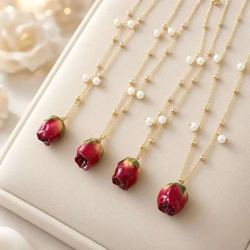 Handmade Real Preserved Rosebud Pearl Necklace, 14K Gold Filled Chain, Natural Flower Pendant, Romantic Gift for Her, Anniversary Gift, Birthday Gift, Bridesmaid Necklace, Elegant Floral Jewelry, Eternal Rose Necklace, Pearl Accent Necklace