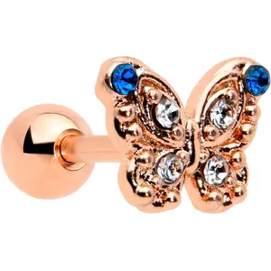 16G 1/4 Blue Gem Rose Gold Tone Butterfly Cartilage Tragus