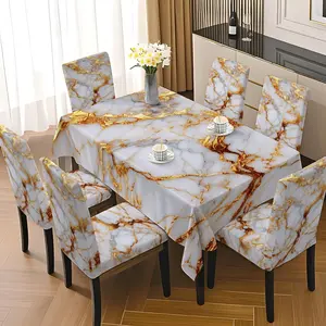 5/7 Pcs White Gold Marble Texture Tablecloth & Chair Cover Set, Modern Luxury Minimalist Aesthetic Style, Stretch Full Wrap Removable Washable Dining Chair Slipcover, For Family Home, Daily Dining, Holiday Gathering, Birthday Party Decor