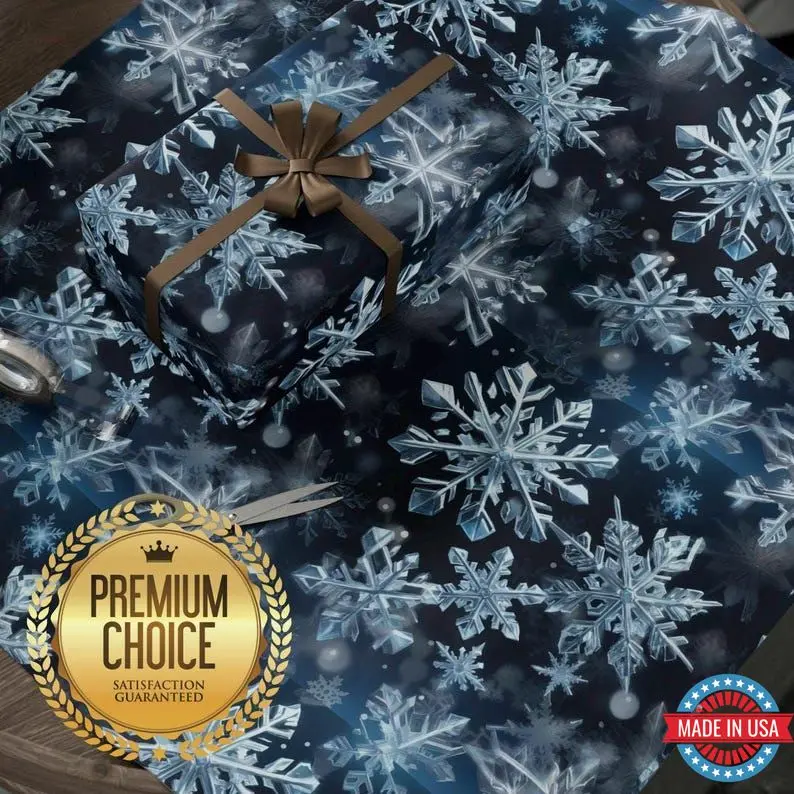 Snowflake Gift Wrapping Paper, Christmas Snow Gift Wrap, Icy Blue Wrapping Paper for Holiday Presents