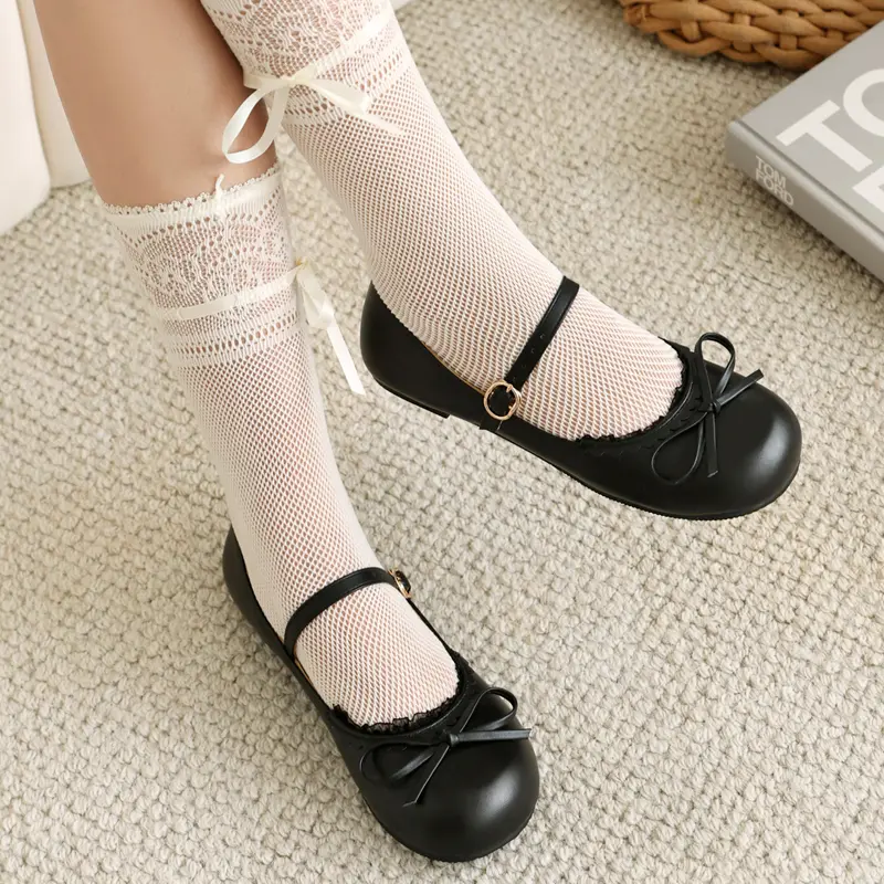 Spring Autumn Pink White Mary Janes Flat Shoes Woman Round Toe Buckle Strap Lolita Girls Student Ballet Flats Plus Size 43 44 45