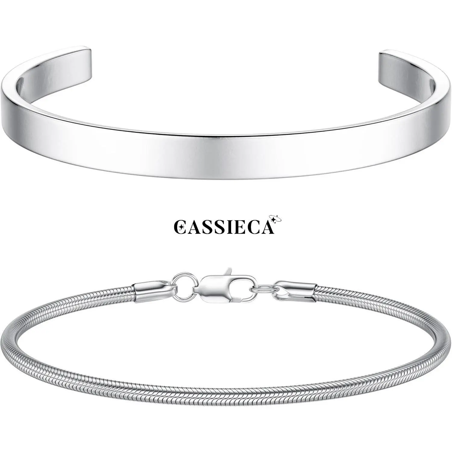 CASSIECA Men's Stackable Bracelets Set - Cuff, Snake Rope, Cuban Link & Chain Styles, 19/21cm Metal-Coated, Unisex Daily Jewelry Gifts for Dad, Summer Vibes