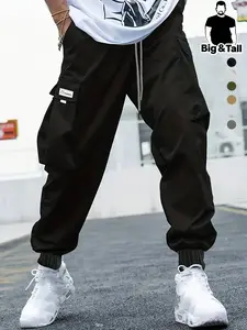 Plus Size Men's Patched Pocket Cargo Pants, Regular Fit Casual Solid Color Trousers for Daily Wear, Men's Plus Bottoms for All Seasons, Men's Work Trousers, Casual Sporty Trousers, Streetwear, Baggy Cargo Pants, Activewear, Athletic Sportswear