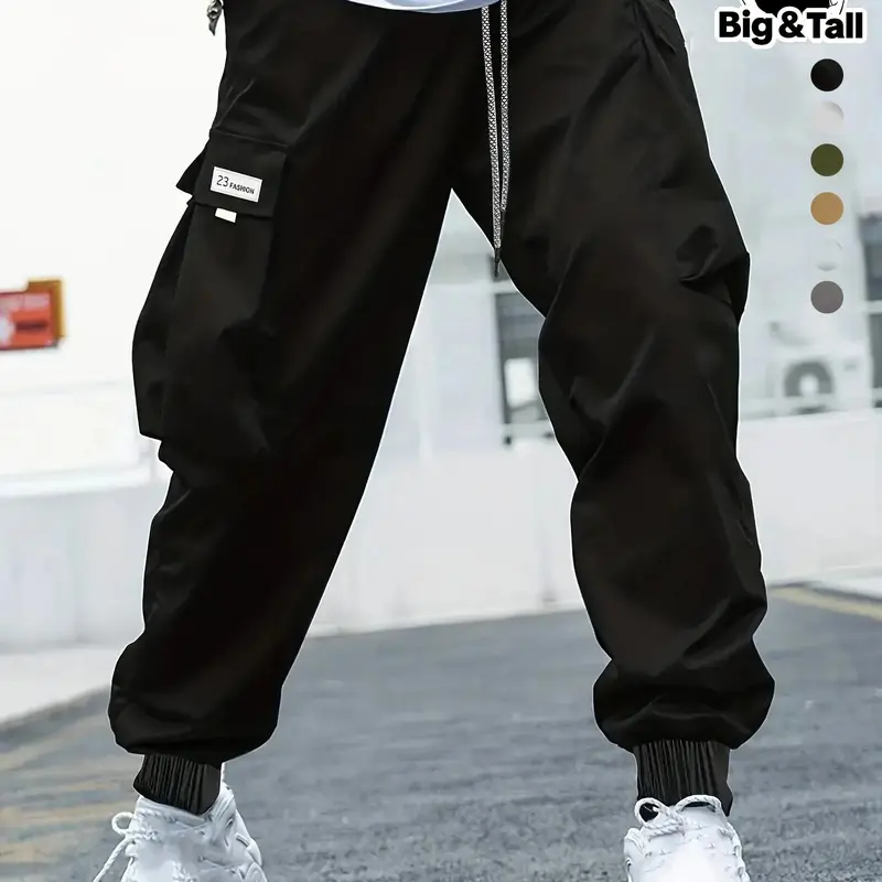 【Plus Size】 Men's Patched Pocket Cargo Pants, Everyday Street Pants, Regular Fit Casual Solid Color Plus Trousers for Daily Wear, Fashion Men's Plus Bottoms for All Seasons
