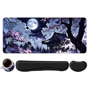 4pcs Anime Japanese Landscape Night Design Mouse Pad + Keyboard Wrist Rest + Ergonomic Mouse Pad + Coaster Set For Desktop Decoration, Office Accessories Set Ergonomic Wrist Support, Computer Mat Mouse Pad Coaster For Home Office Gaming Anime Mousepad