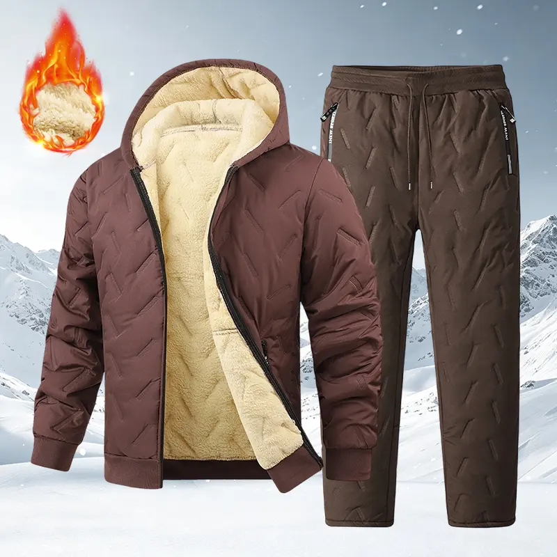 Men’s thick fleece-lined two-piece set, winter warm zip-up jacket paired with drawstring joggers, soft and comfortable casual sportswear suitable for everyday wear in cold weather.