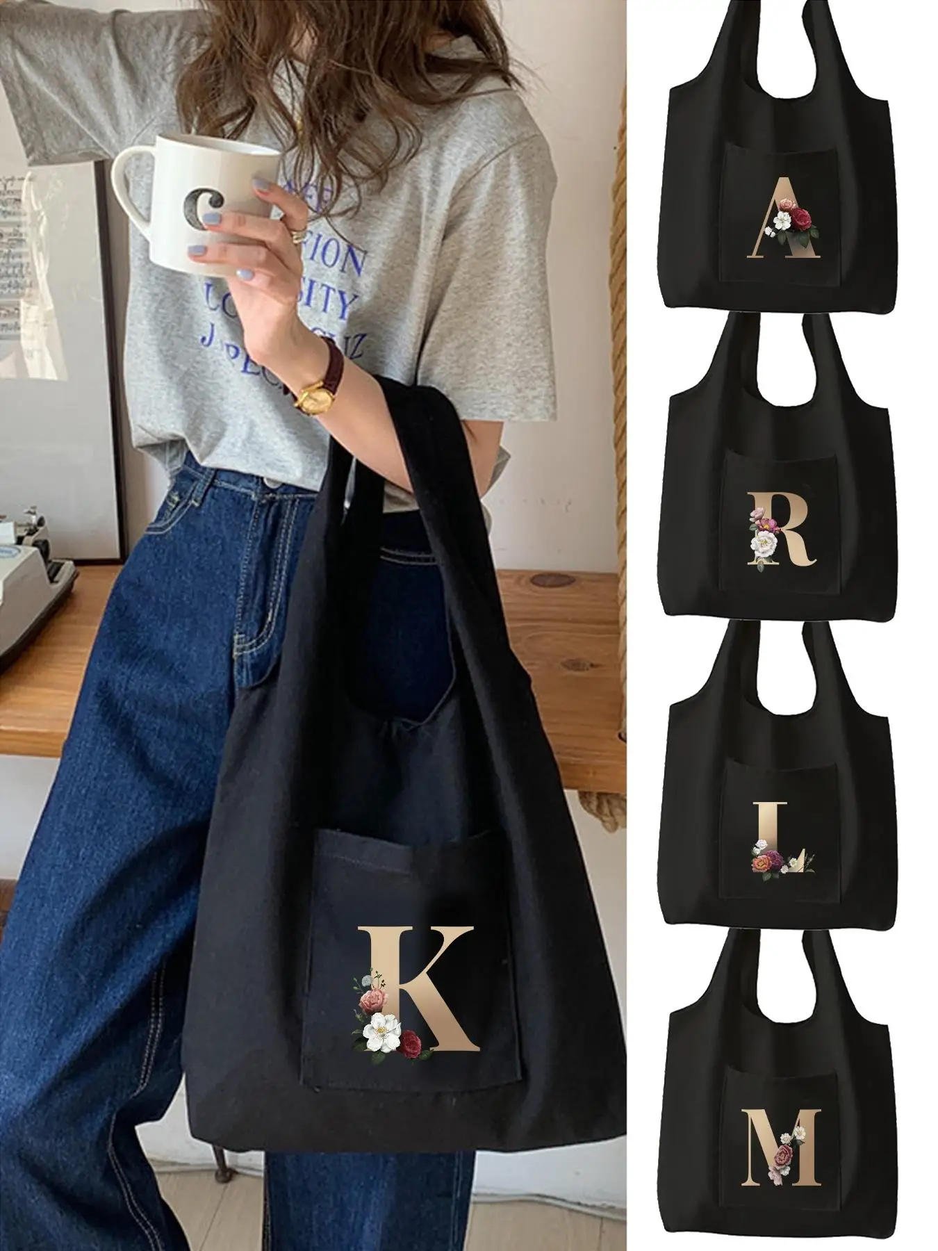 Women's Fashion Letter Pattern Canvas Shoulder Bag, Casual Large Capacity Picnic Tote Bag, Versatile Trendy Shopping Bag for Daily & Work Use