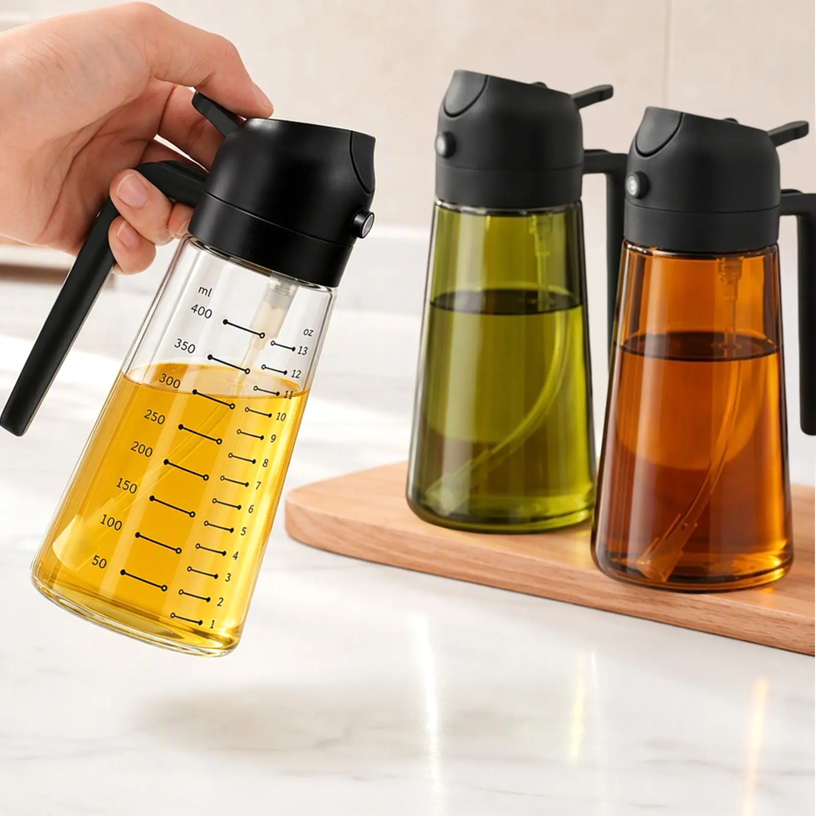 2 Pack,2-in-1 Glass Oil Dispenser and Sprayer, 470ml Olive Oil Bottle with Precise 50-400ml Scale, Leak-Proof Auto Nozzle for Cooking, Baking and Frying, Kitchen Utensils