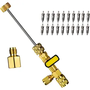 Valve Core Removal HVAC , AC Schrader Valve Removal  with Dual Size SAE 1/4 & 5/16 Port, R410 R32 Brass Adapter Air Conditioning Line Repair s for Refrigeration