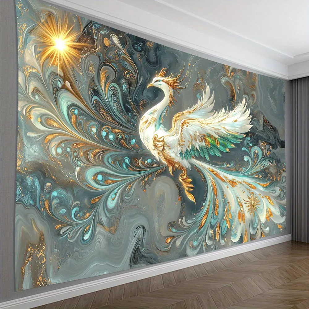 3D White Phoenix Wall Tapestry with Golden Accents - Vibrant Swirling Ornate Design, Polyester Fabric, Intricate Craftsmanship, Ideal for Living Room Decor, Unique Gift Idea