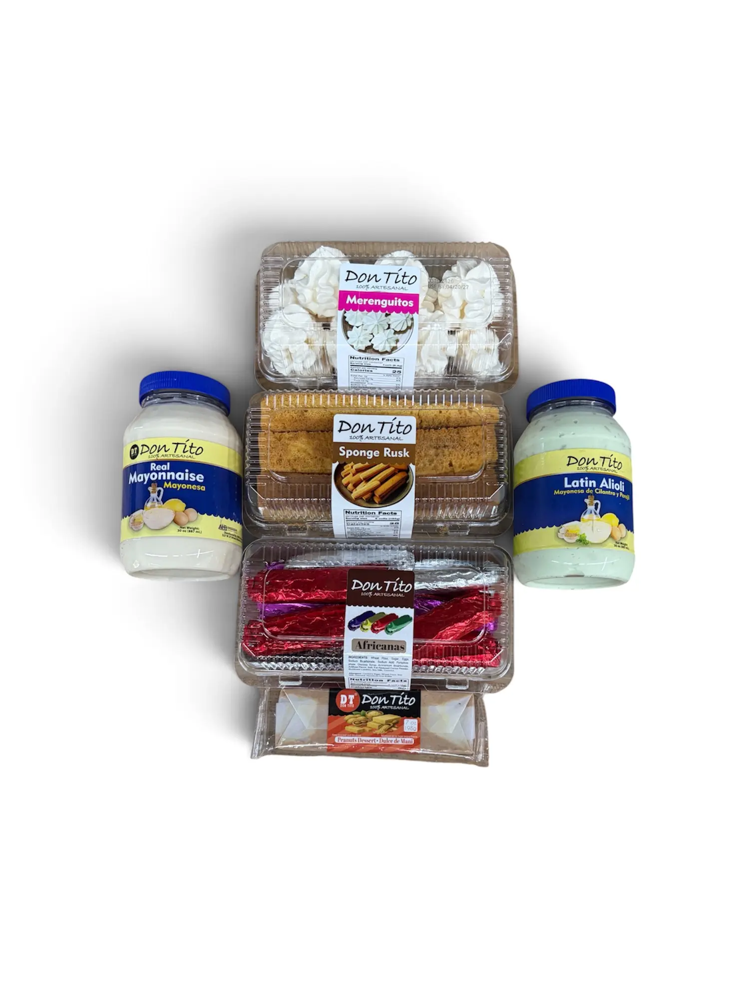 Don Tito Cuban Favorites 6-Pack Bundle-Mayonnaise,Latin Alioli, Merenguitos, Sponge Rusk,Africanas & Mani molido