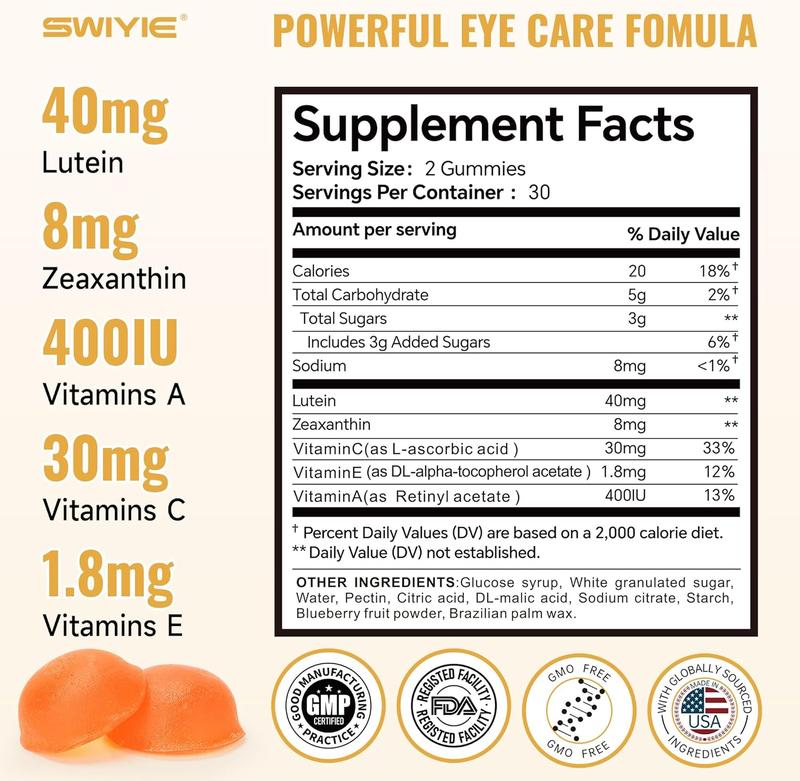 Swiyie Lutein & Zeaxanthin Gummies - Eye Health Supplement with Astaxanthin, Vitamin C E- Blue Light Defense, Vision Support, Berry Flavor - 60 Healthcare Dietary Fitness Edible vit b12 dietary edible fitness swivie lutein collagen Colagen goomz Bathroom