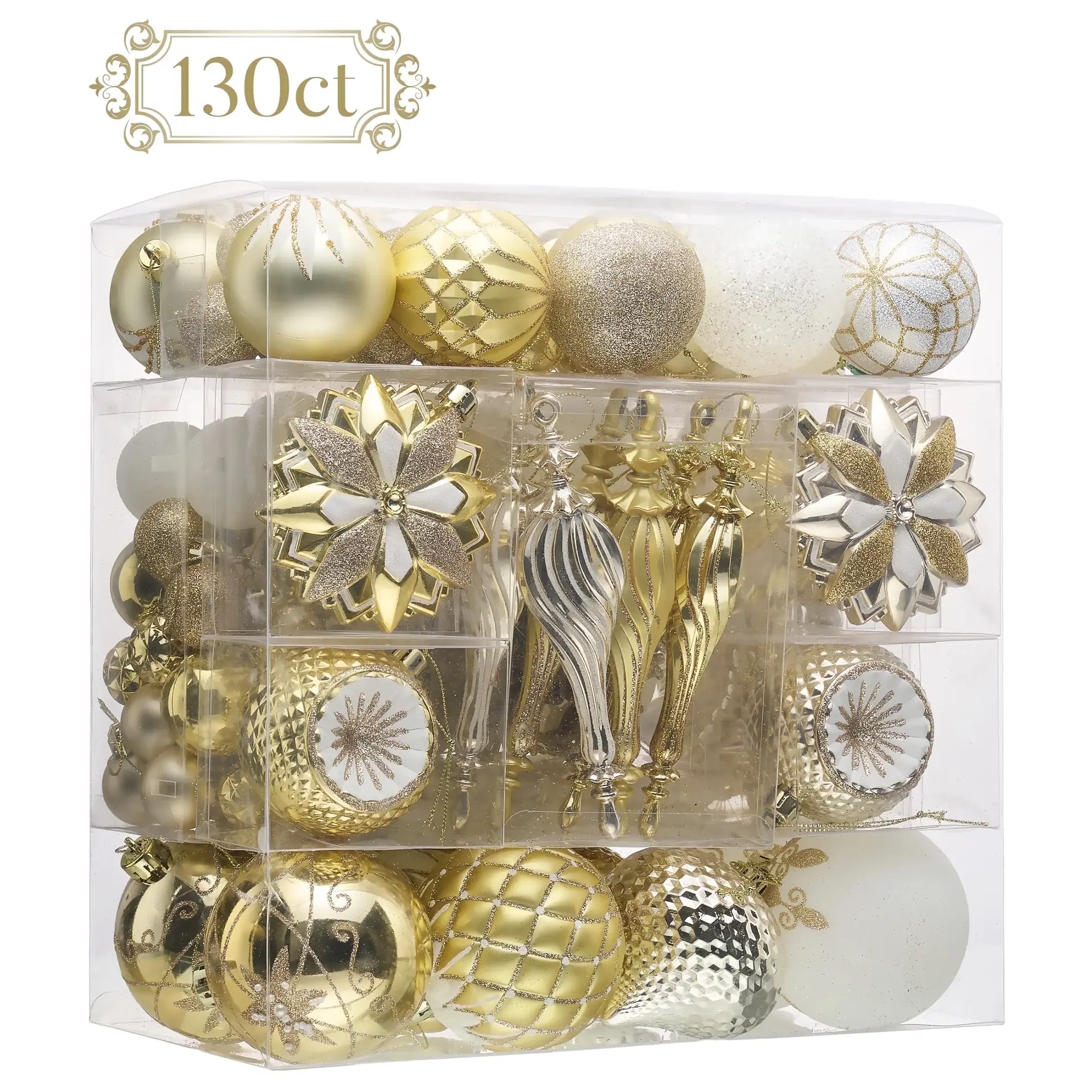 Valery Madelyn 130Ct Christmas Ornaments Set, White Gold Shatterproof Ornaments for Christams Tree Decor