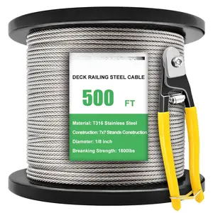 500ft 1/8" Stainless Steel Deck  Railing Wire Rope T316 7x7 Strands Construction Aircraft , Deck Wire Railing System Kit, Hardware