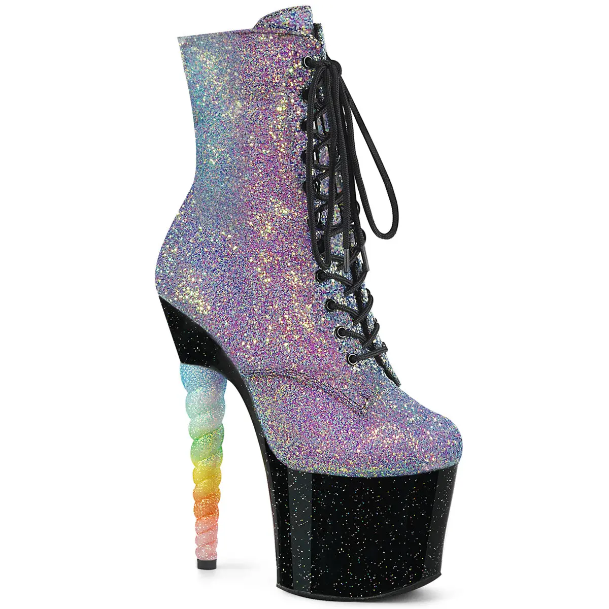 Women's Glitter Lace-up Ankle Boots, 7 In Unicorn Heel & 3.25-in Platform Party High Heels with Side Zipper