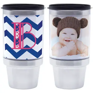 16 oz. Stainless Steel Photo Tumbler with BPA Free Feature Navy Blue Chevron Pattern & Personalized Initial Design
