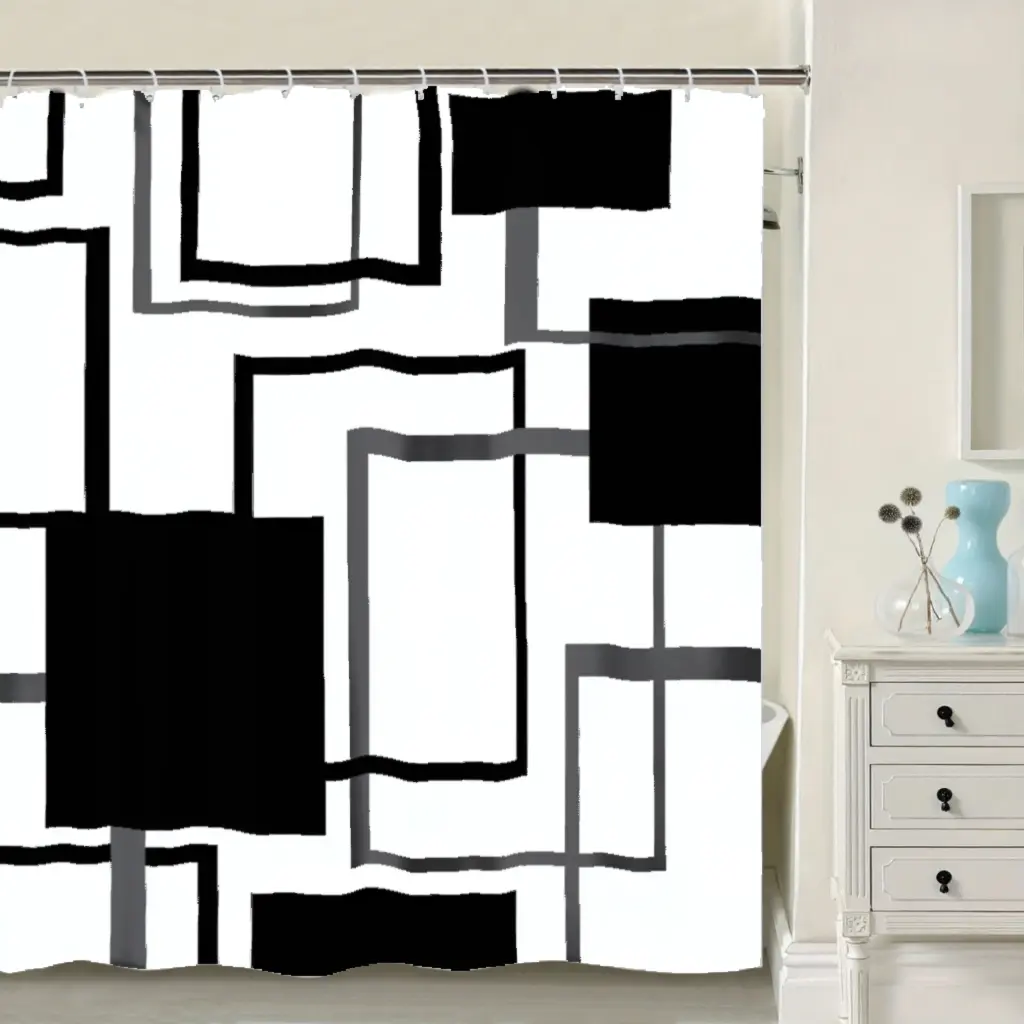 Geometric Shower Curtain Black and White Grey Modern Abstract Masculine Shower Curtains for Mens Bathroom Decor, Waterproof Fabric with Hooks