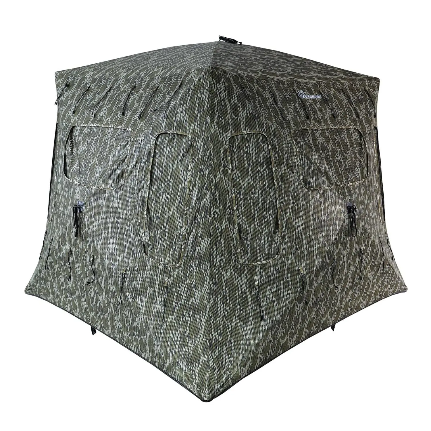 Wide Bottom Hunting Blind for Hunters, 3-Person Mossy Oak Bottomland Ground Shelter, Fire Retardant 300D Coated Fabric with Silent-Slide Windows, Adults, 12 Steel Ground Stakes, 66 Inch Standing Height, 4 Tie Downs