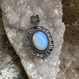 Silver Opalite Stone Marcasite Pendant