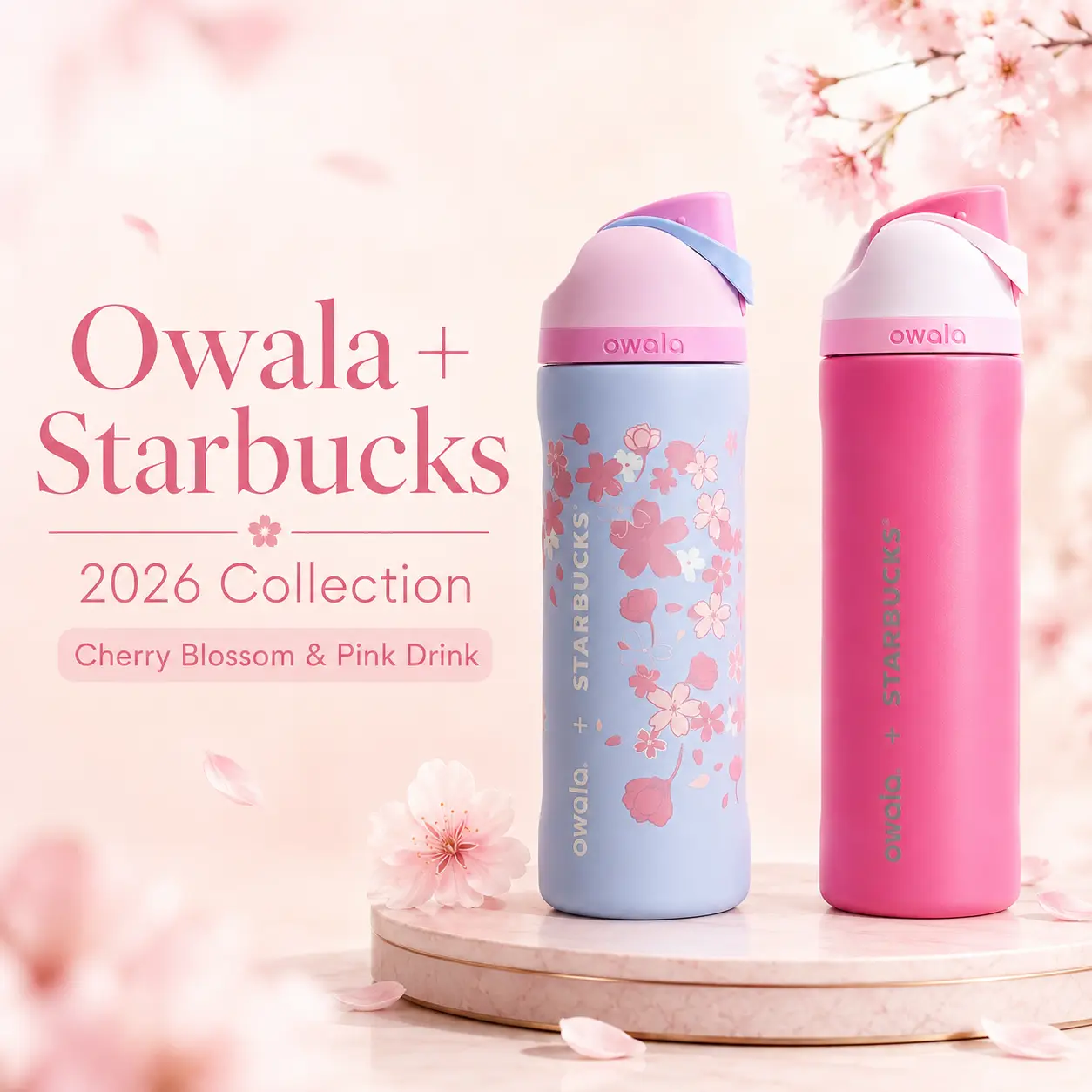 Owala Starbucks FreeSip 24oz Insulated Water Bottle, 2026 Cherry Blossom and Pink Drink Collection, Leakproof Stainless Steel Bottle with Straw