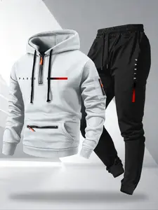 Men's Fall Winter Hoodie Set, Flag Pattern Letter Design, Casual Loose Fit, Long Pants, Pocket Arm Zipper, Sports Fitness Fashion, Sweatsuit With Pockets