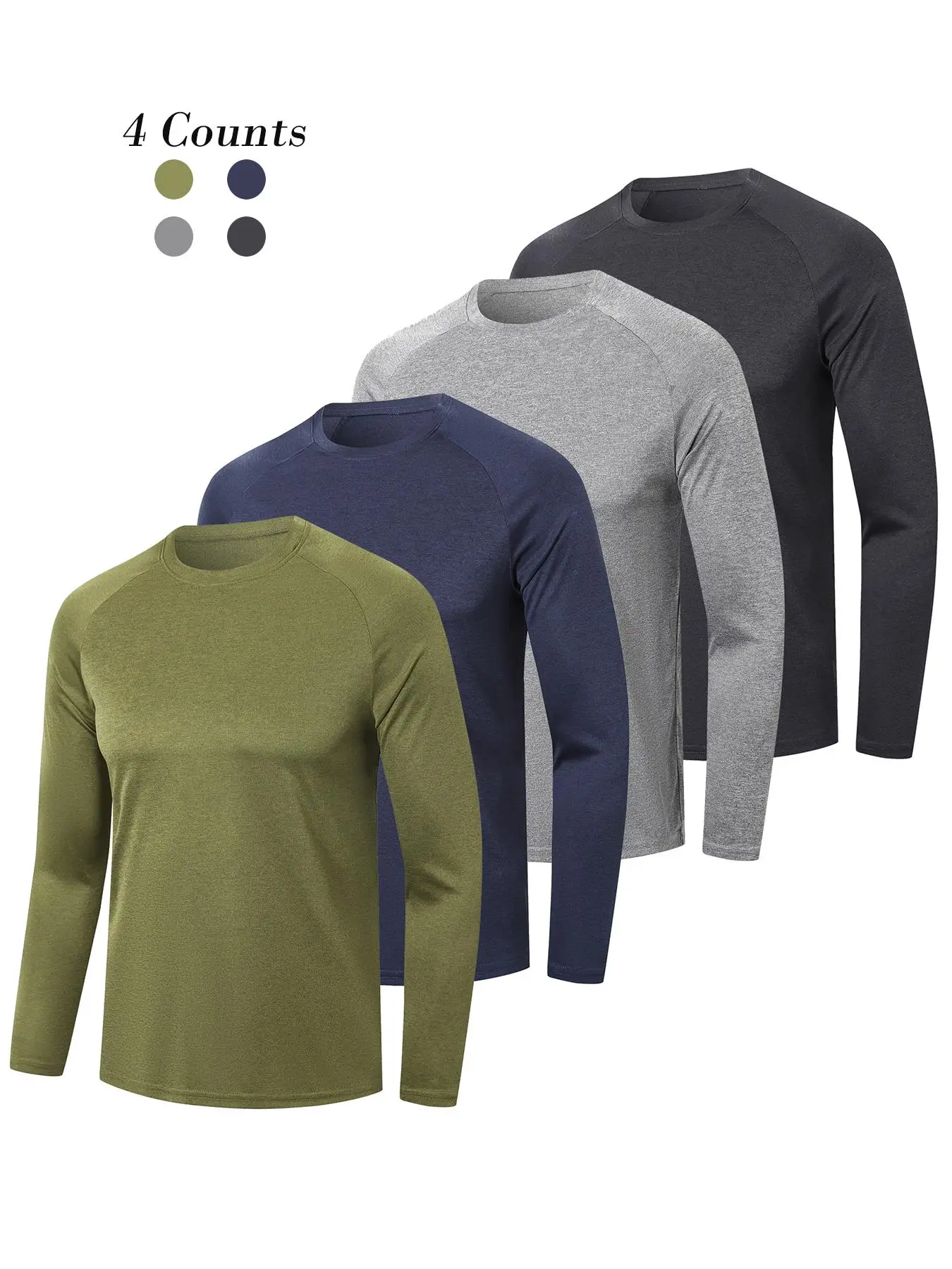 Men's Solid Long Sleeve Tee, Quick Drying Breathable Round Neck Sports T-shirt for Gym Workout Running, Casual Sporty Top for All Seasons