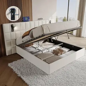 AMERLIFE Upholstered Bed Frame with Widened Headboard,Lift-Up Storage Bed and Built-in Reading Light, Velvet Platform Frame, No Box Spring Needed