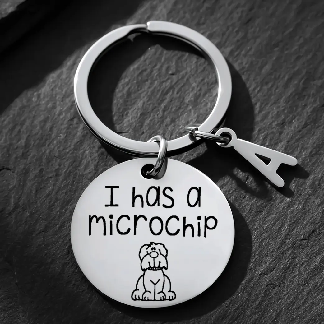 Small Bone-Shaped Pet ID Tag, Solid Stainless Steel Engraved Keychain for Dogs, Silver Pendant with "I Has a Microchip" Safety Alert, Engraving, Microchip Info, Letters, No, No Warning Applicable, Microchip Alert