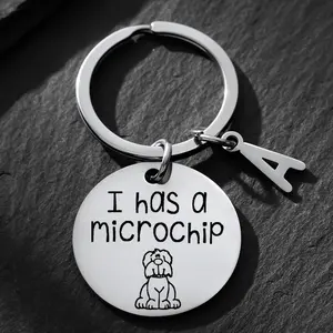 Stainless Steel Pet Microchip Keychain - Engraved Dog Tag with "I Has A Microchip" Message - Durable Keyring Pendant for Animal Identification and Safety Alert with Bright Finish