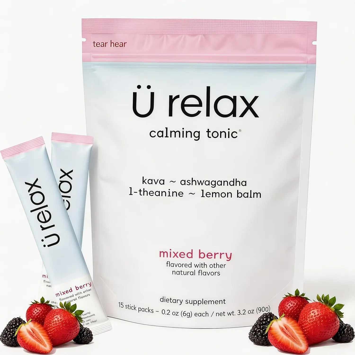 U Relax Calming Drink Mix, Mixed Berry Relaxation Powder for Mood Support & Stress Relief, Non-Drowsy Calm Formula, Easy-to-Mix Beverage 15 Single-Serve Packets