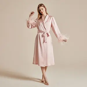 Elegant Robe with Real Ostrich Feather Cuffs - Viral Silky Loungewear Womenswear Gowns Nightwear Basic