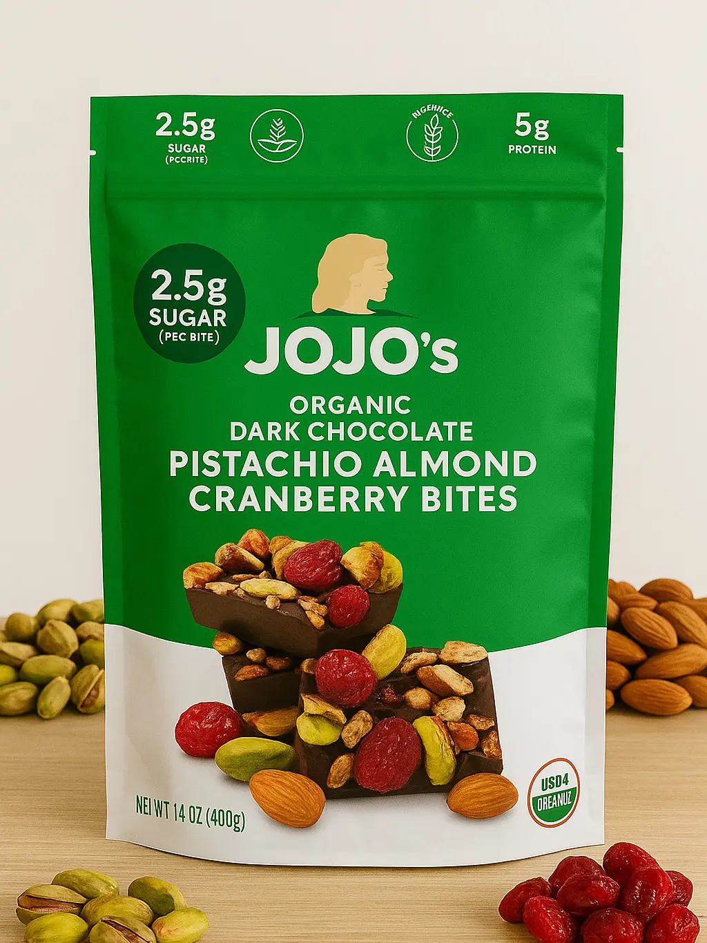 JOJO's Certified Organic Crunchy Dark Chocolate Nut Snack Mix - 14.4 oz, Featuring Pistachios, Almonds, Cranberries, Rich Flavor