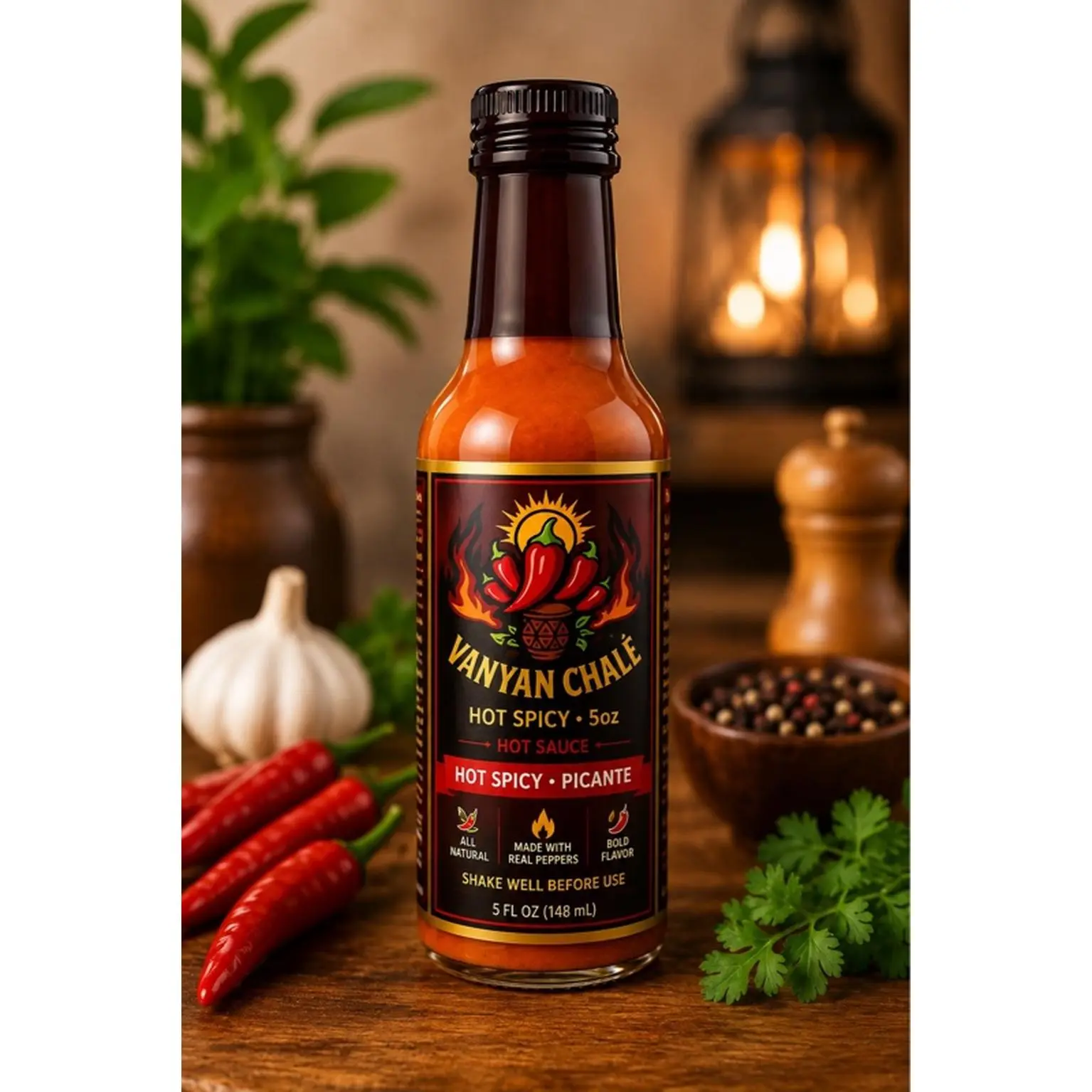 Vanyan Chale Hot Spicy Picante Hot Sauce 5oz - Made with Real Peppers - 5 FL OZ (148 mL) - Shake Well Before Use