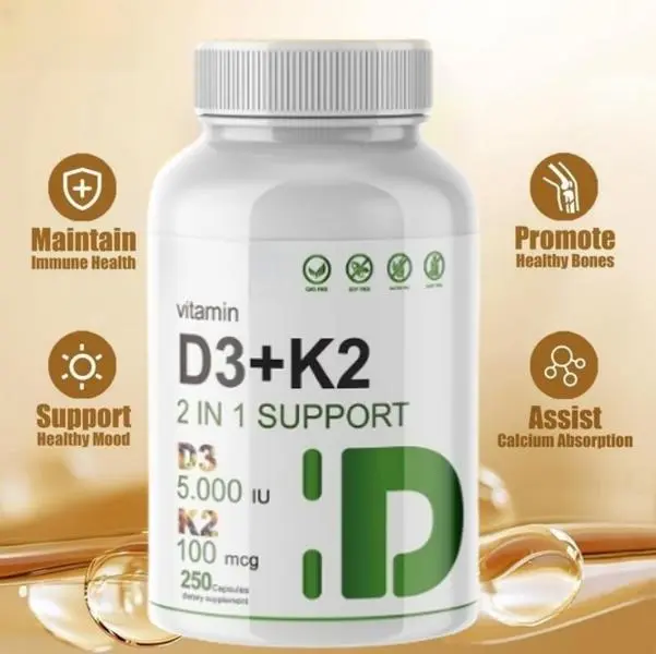 Supplement Vitamin D3K2, 250 Veggie Softgels, 2 in 1 (5000 IU D3+100mcg K2 MK7) | Healthy Bones, Teeth, Heart, Immune System Healthcare Dietary Fitness Edible