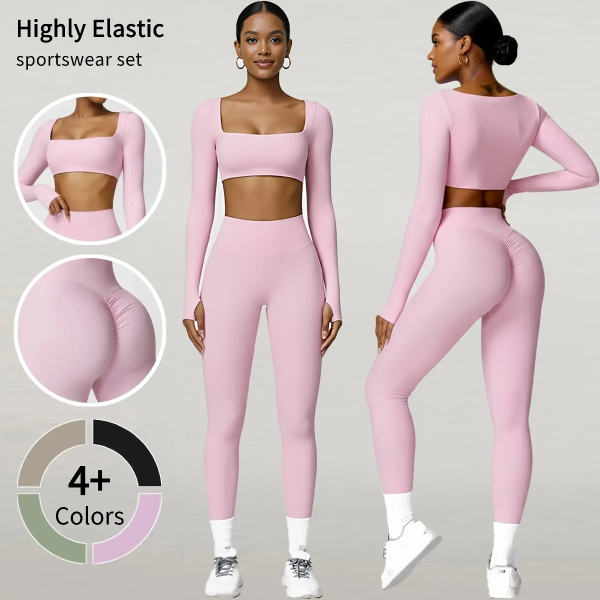 Women's 2-Piece Athletic Sports Clothing Set - Casual Twist Front Long Sleeve Crop Top, High Waist Flared Leggings, Lightweight Compression Nylon Elastane Solid Activewear for Yoga, Gym Workout Essentials, Female, All Seasons, 17% Elastane