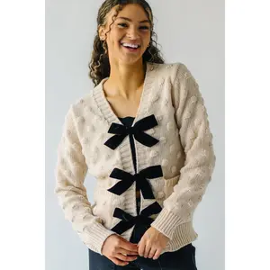 The Erva Textured Tie Front Cardigan in Oatmeal