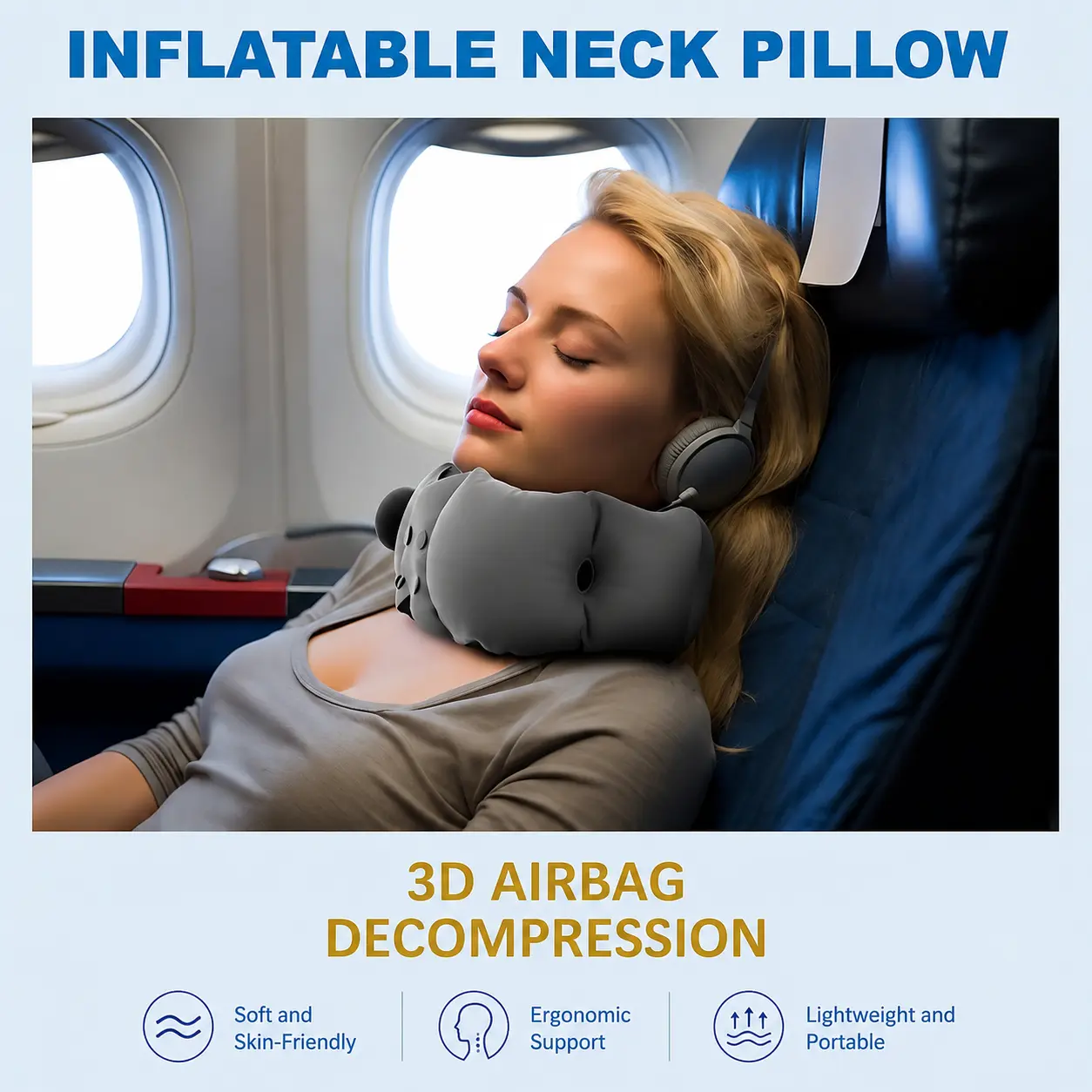 Inflatable Travel Neck Pillow, 3D Airbag Ergonomic Neck Support, Press‑to‑Inflate U‑Shape Sleep Pillow, Portable Lightweight Travel Pillow for Airplane Car Trips