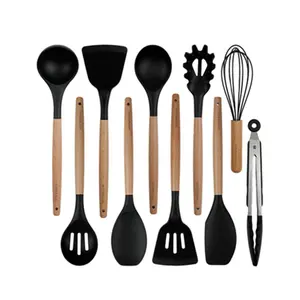 Silicone Cooking Utensils Set 10PCS, BPA Free Heat Resistant Kitchen Tools with Wooden Handles, Non-Scratch Spatulas Safe for Nonstick Cookware