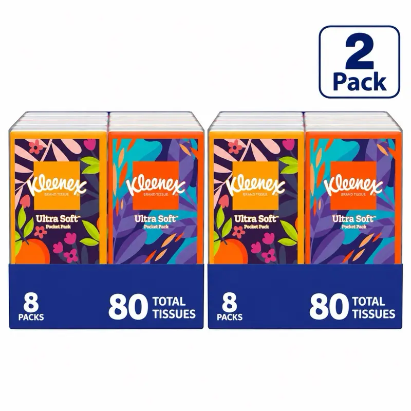 Kleenex 3-Ply Portable Facial Tissues, 2-Pack Bundle, 8 Pocket Packs Each, 10 Tissues per Pack, 160 Total Tissues, Packaging May Vary