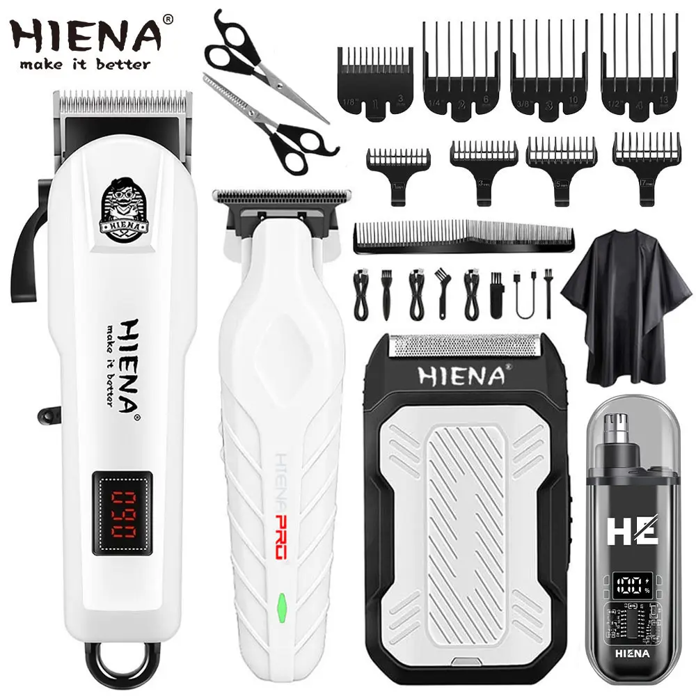 HIENA Men's 4-Piece Grooming Kit - Professional Clipper, Carving Tool, Shaver, Nose Hair Cutter, Wireless USB Charging, Limit Comb, Ideal Holiday Gift for Fathers