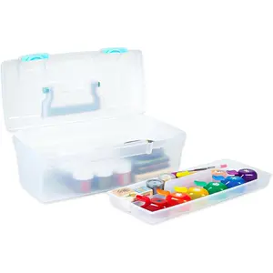 6937AG Essentials Lift-Out Tray Box, Portable Art & Craft Organizer with Handle and Tray, Clear/Aqua