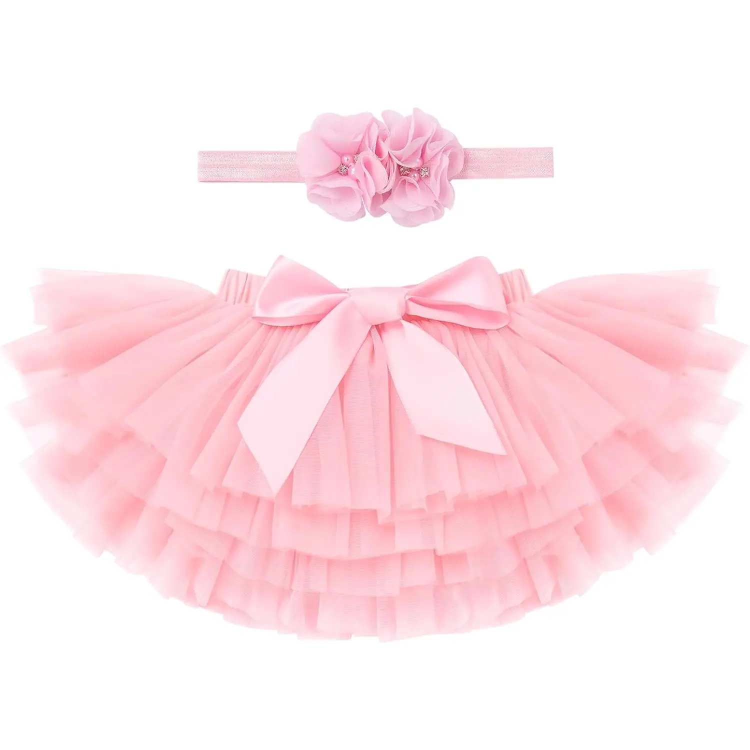 SQ-CPA001 Sweet Baby Girl Plain Tutu Skirt Set - Elastic Band Diaper Cover, Tulle Bloomers, Headband - Baby Clothing for Party, Photoshoot, 0-3T First Birthday Cake Smash Outfit, Wedding, Tulle Blend, Cosplay, Polyester Blend, Tiered Ruffles, A-Line, 0-6