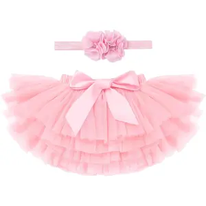 SQ-CPA001 Baby Girl Tutu Skirt with Diaper Cover Toddler Girls Tulle Bloomers and Headband First Birthday Cake Smash Outfits 0-3T