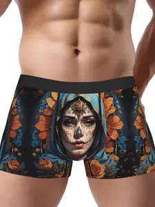 BIIHUDU Mexican Day of the Dead Underwear - Dia de los Muertos Sugar Skull Floral print, Non-Transparent Briefs for Halloween